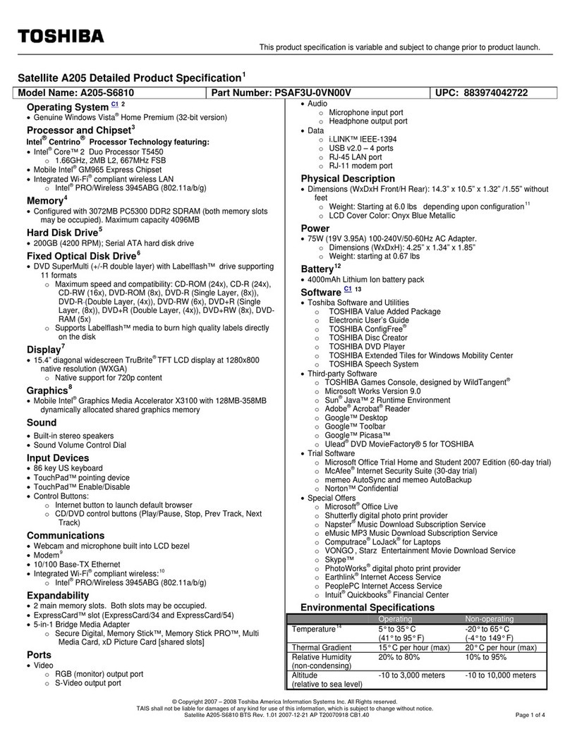 Toshiba A205-S6810 - Satellite - Core 2 Duo 1.66 GHz User manual
