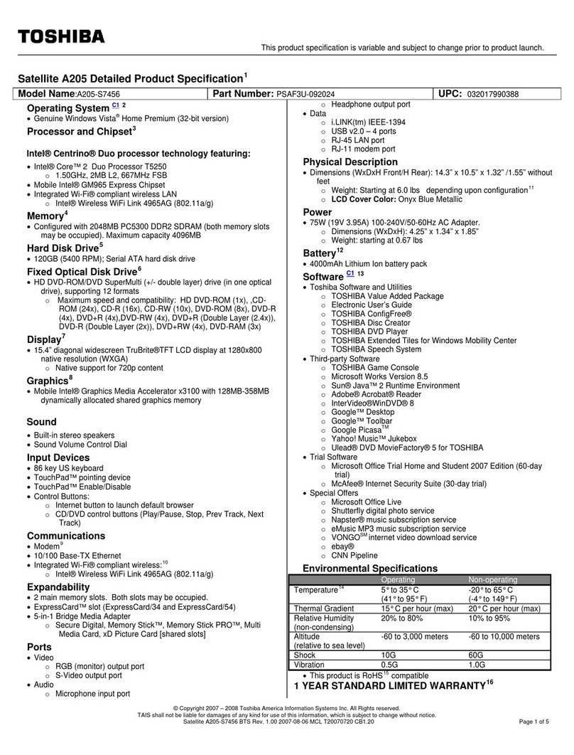 Toshiba A205-S7456 - Satellite - Core 2 Duo 1.5 GHz User manual