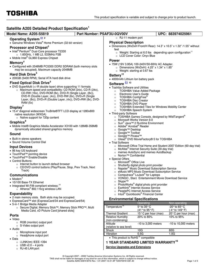 Toshiba A205-S5819 - Satellite - Pentium Dual Core 1.6... User manual
