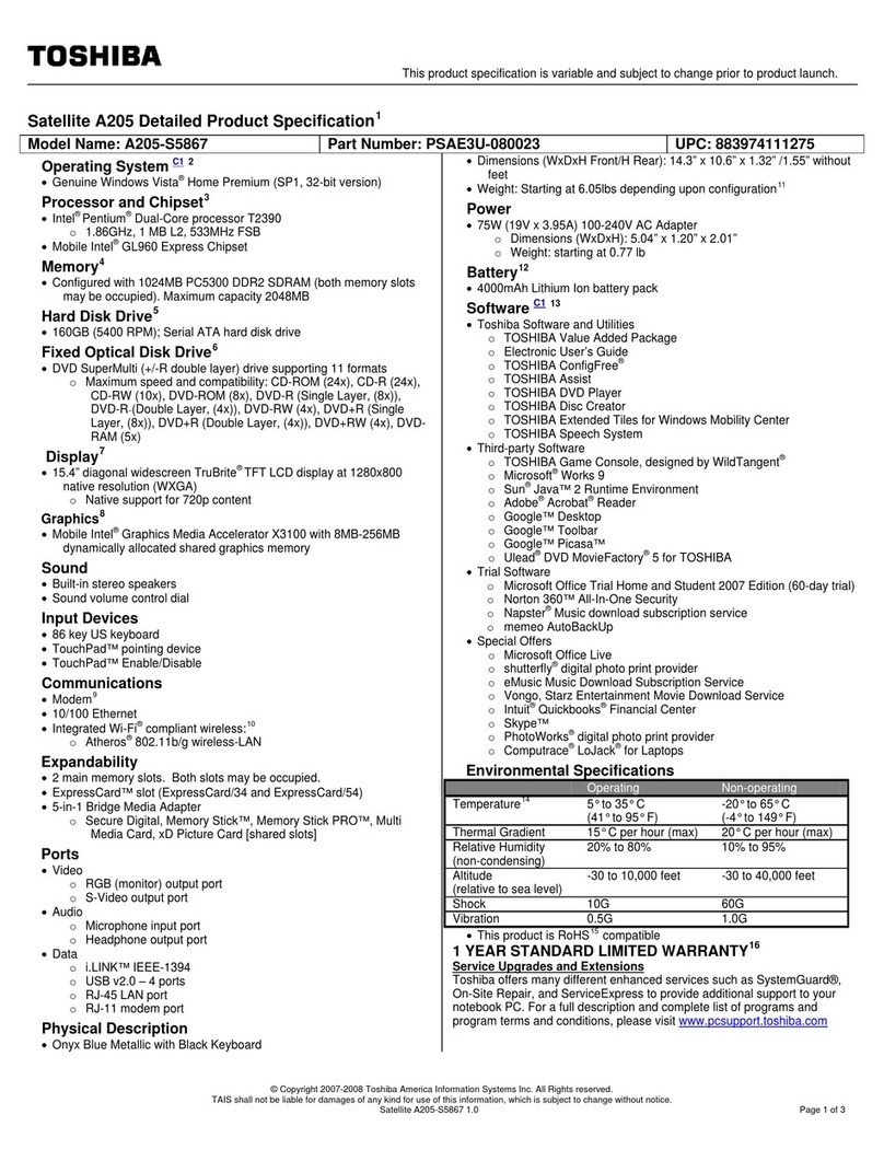Toshiba Satellite A205-S5867 Specifications