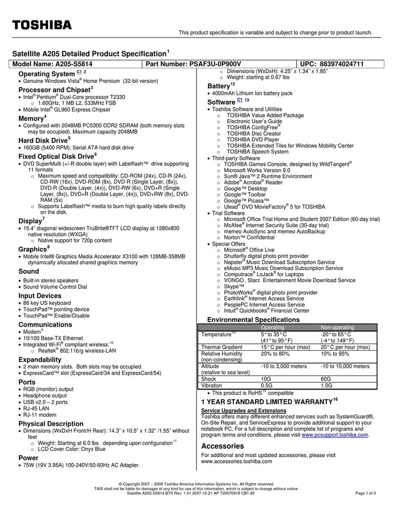 Toshiba A205S5814 - Satellite - Pentium Dual Core 1.6... User manual
