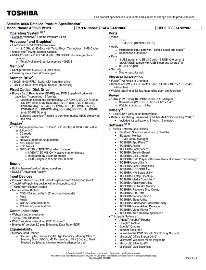 Toshiba Satellite A665-3DV12 Specifications