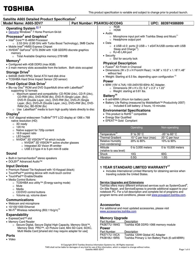 Toshiba A665-3DV7 Specifications