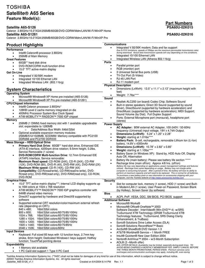 Toshiba A65-S126 - Satellite - Celeron 2.8 GHz User manual