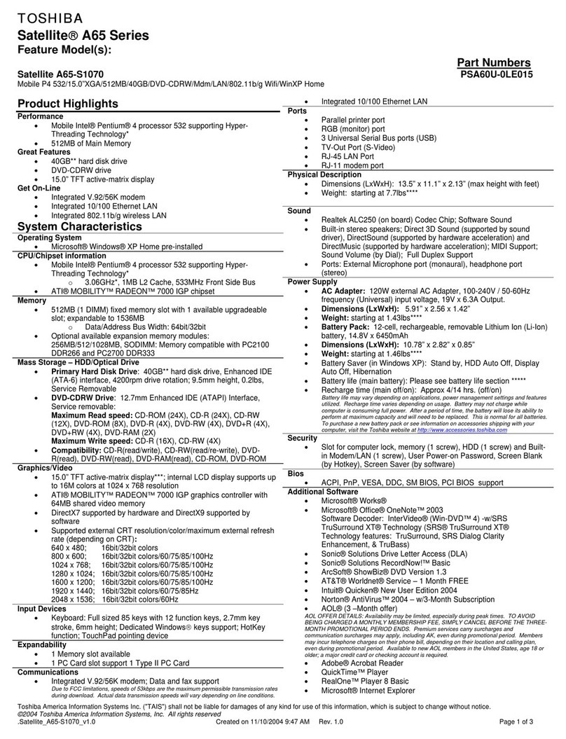 Toshiba A65-S1070 Specifications