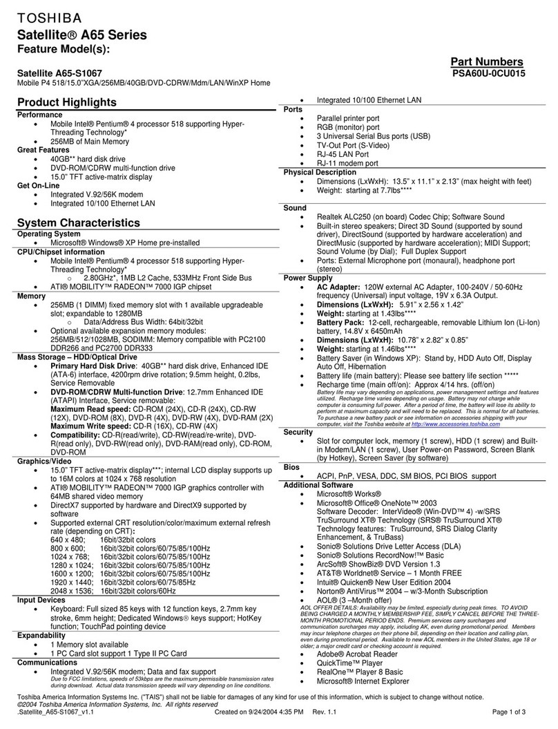 Toshiba A65-S1067 Specifications