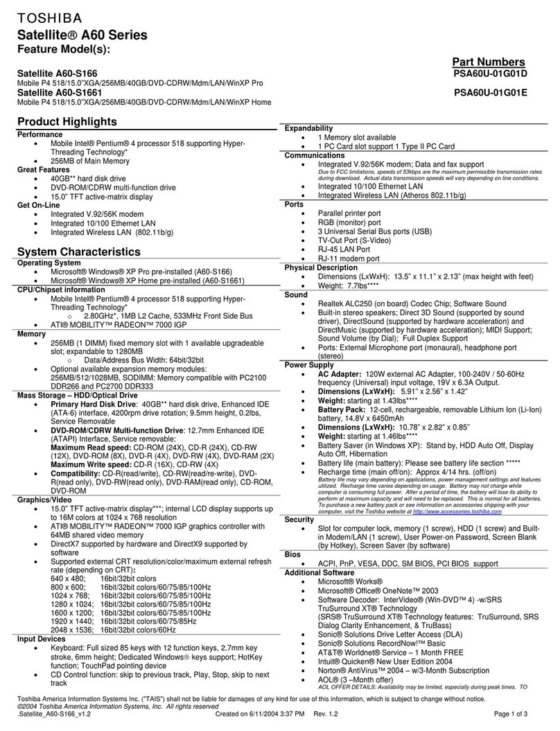 Toshiba A60-S166 User manual