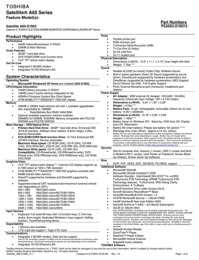 Toshiba A65-S1062 Specifications
