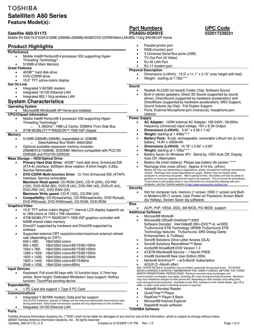 Toshiba Satellite A60-S1173 User manual