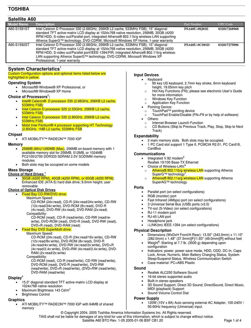 Toshiba A60-S1591ST Specifications