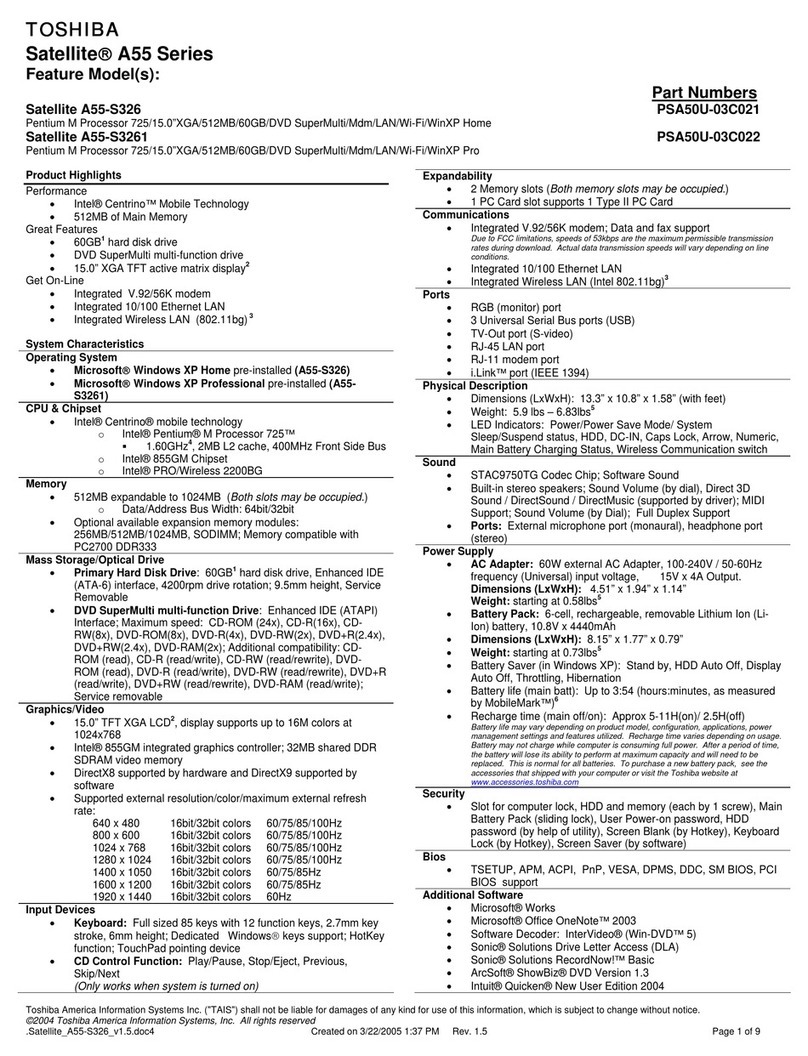 Toshiba A55-S326 Specifications