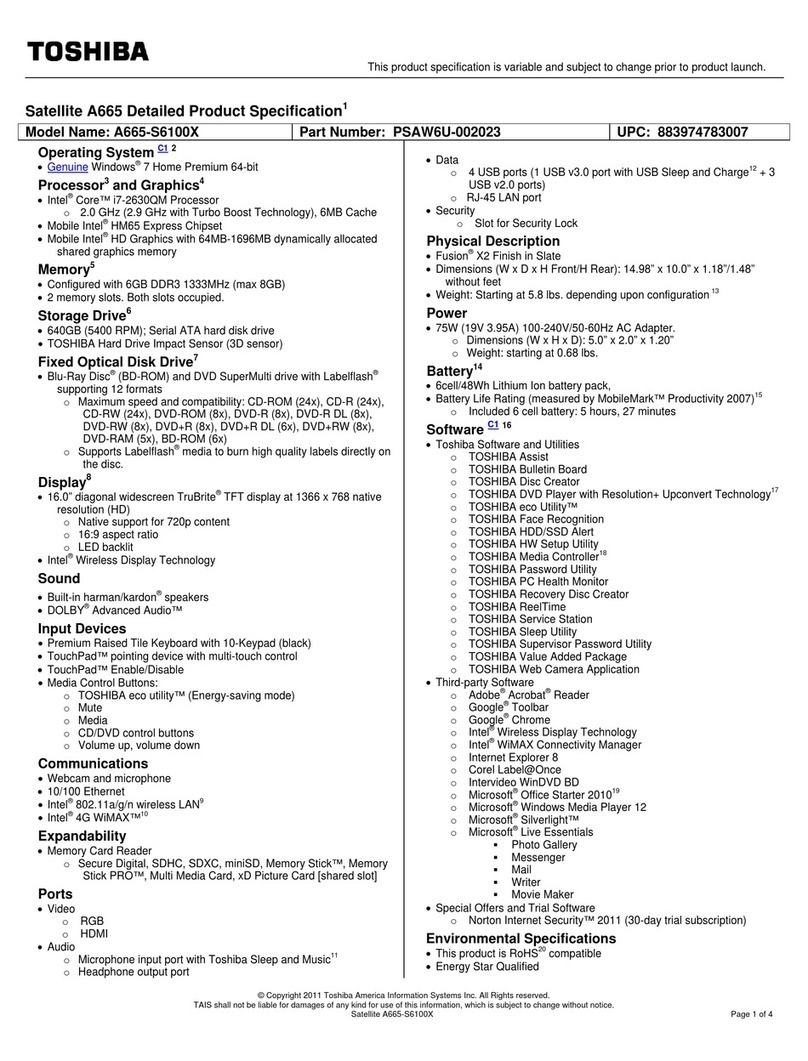 Toshiba A665-S6100X Specifications