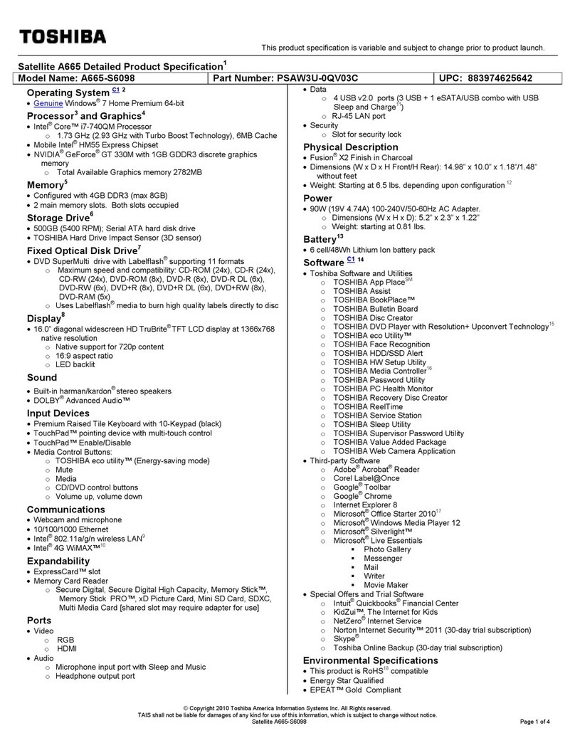 Toshiba A665-S6098 Specifications