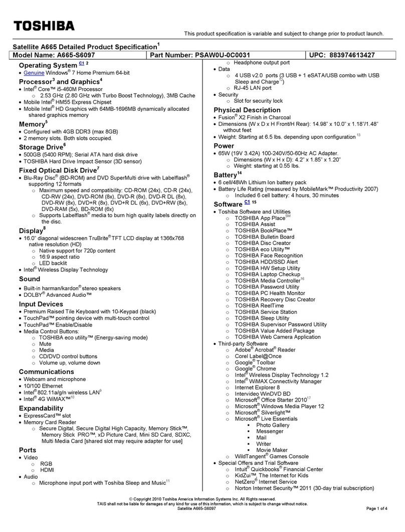Toshiba A665-S6097 Specifications