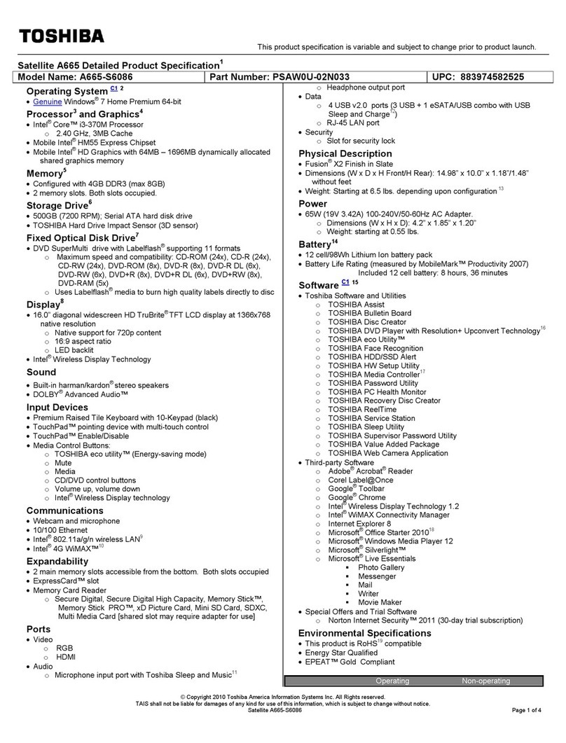 Toshiba A665-S6086 Specifications