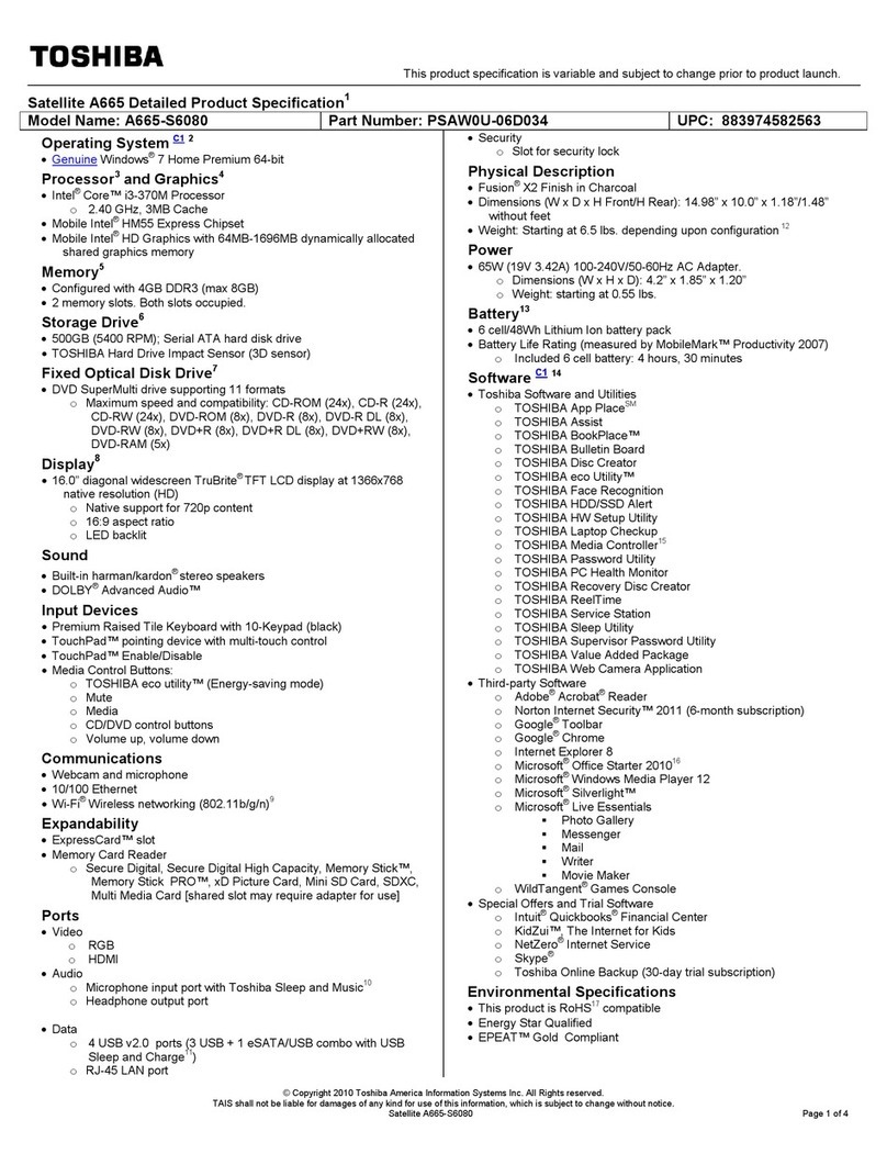 Toshiba A665-S6080 Specifications