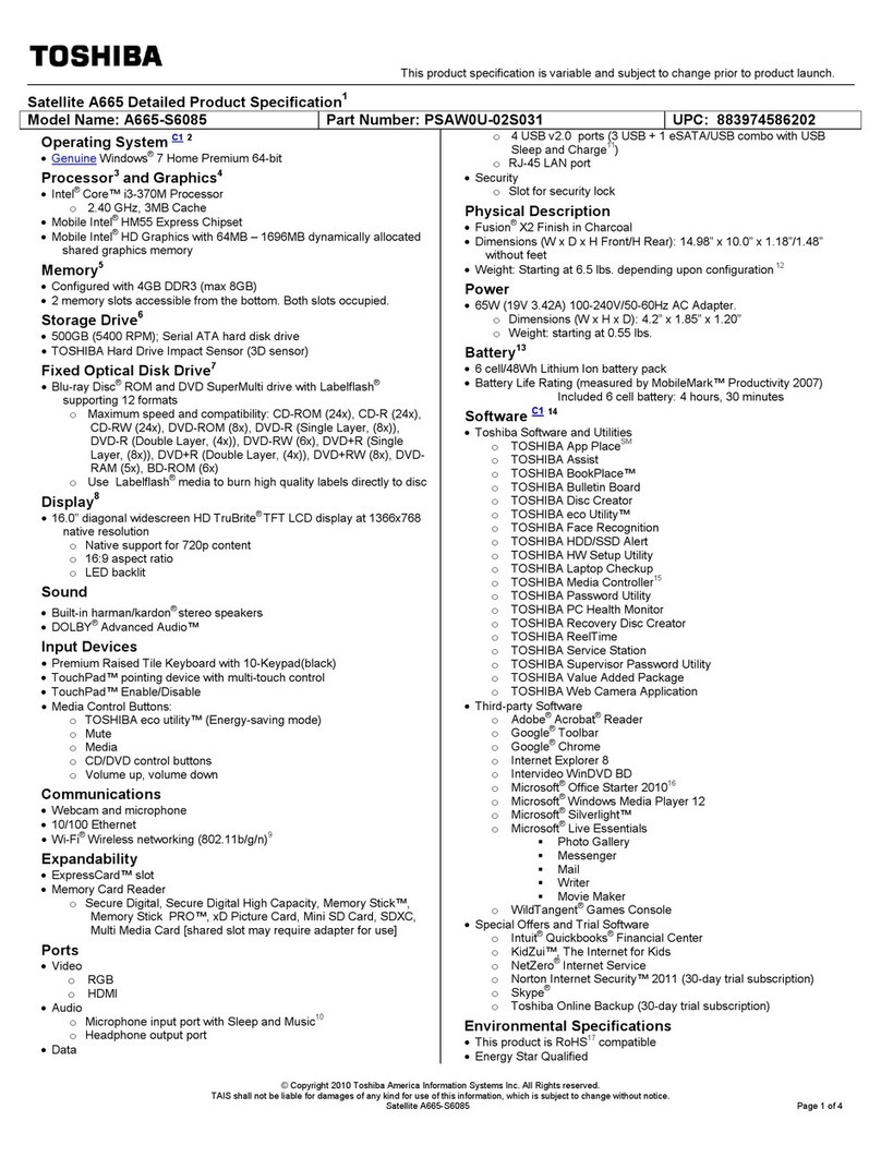 Toshiba A665-S6085 Specifications