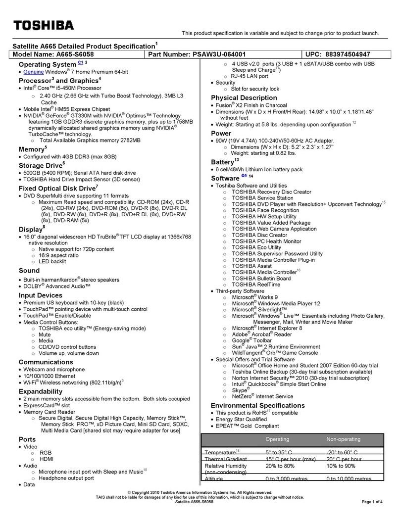 Toshiba A665-S6058 Specifications