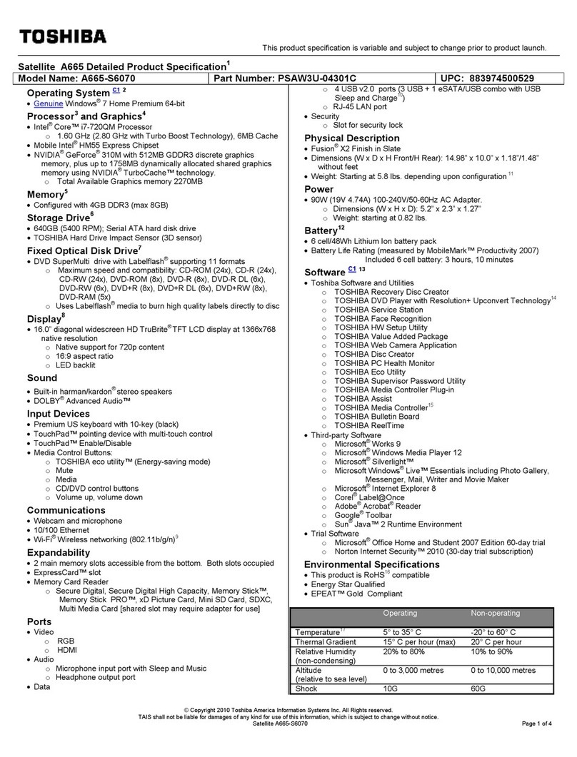 Toshiba A665-S6070 Specifications