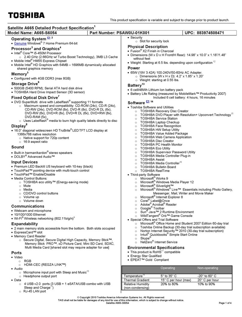 Toshiba A665-S6054 Specifications