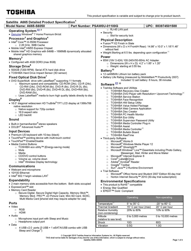Toshiba A665-S6050 Specifications