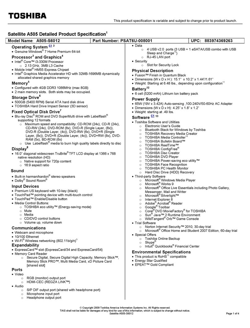 Toshiba A505-S6012 Specifications