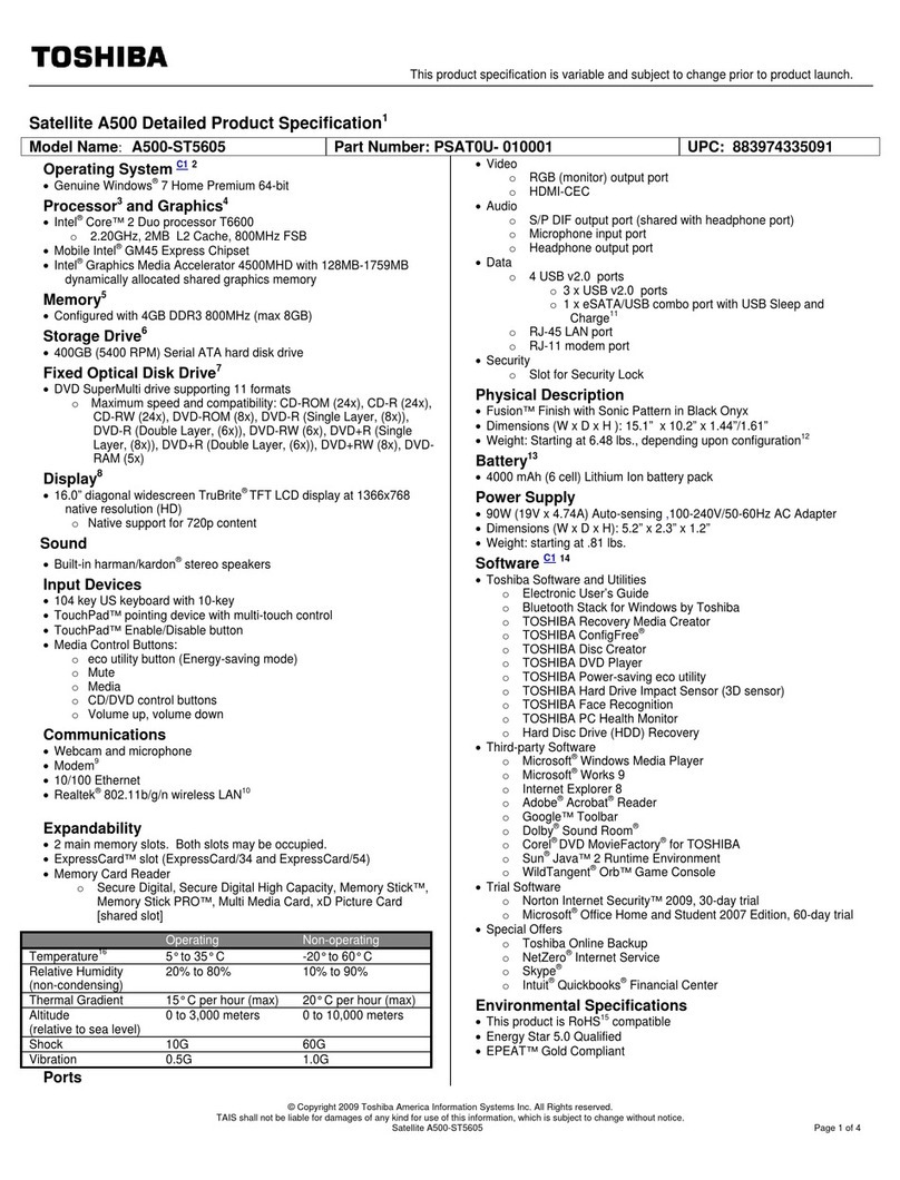 Toshiba A500 ST5605 - Satellite - Core 2 Duo 2.2 GHz User manual