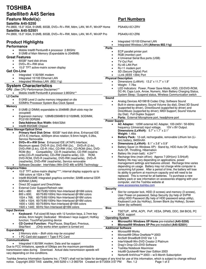 Toshiba A45-S250 Specifications