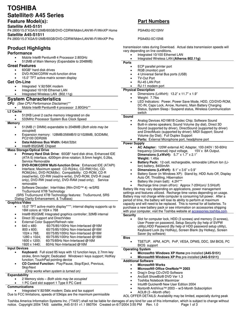 Toshiba A45-S151 - Satellite - Mobile Pentium 4 2.8... User manual
