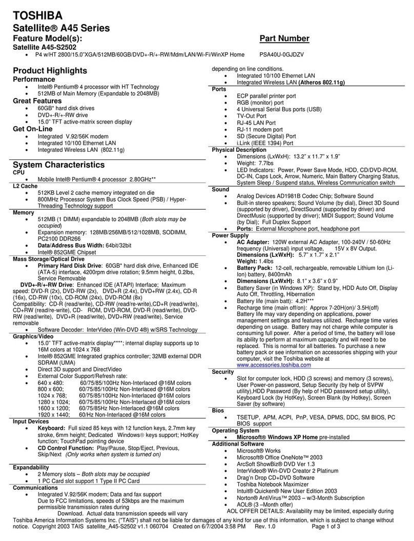 Toshiba A45-S2502 Specifications