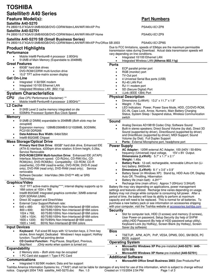 Toshiba A40-S270 - Satellite - Mobile Pentium 4 2.8... User manual