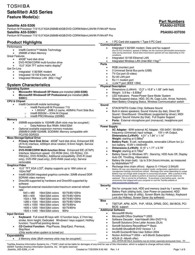 Toshiba A55 S306 - Satellite - Pentium M 1.5 GHz User manual