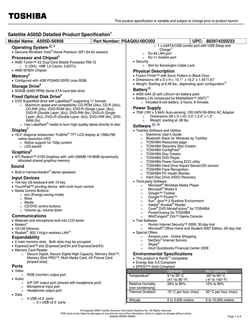 Toshiba A505D-S6958 Specifications
