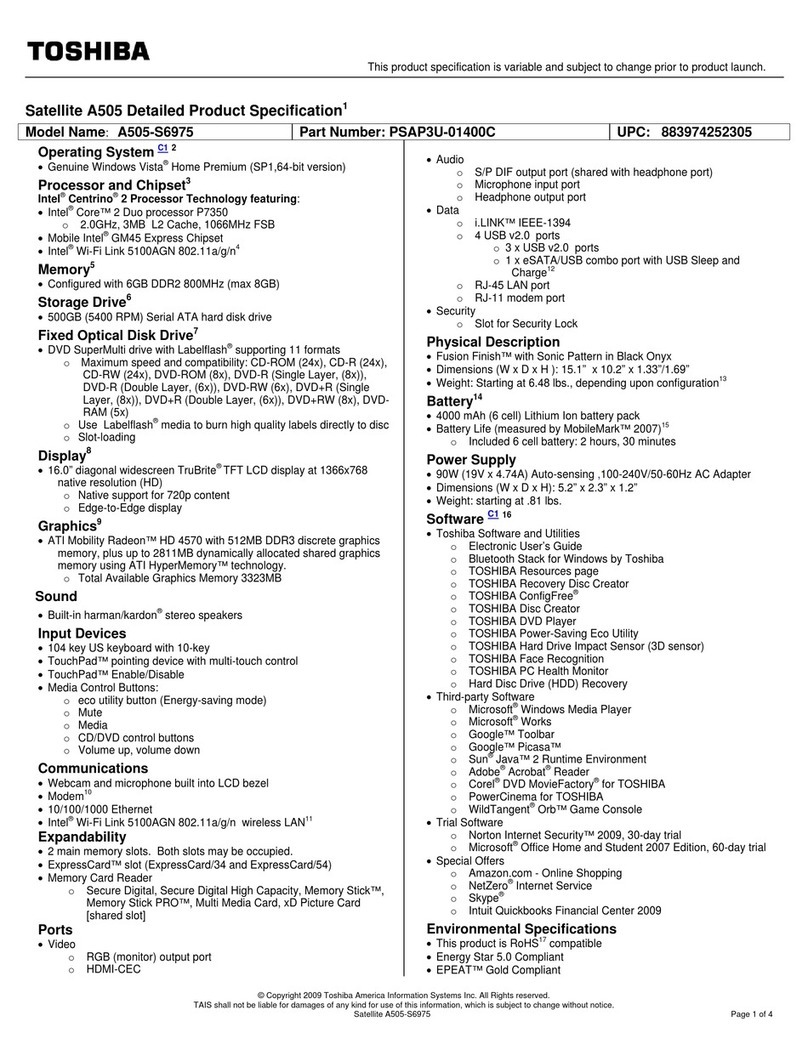 Toshiba A505-S6975 Specifications