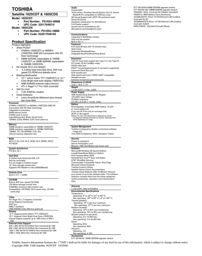Toshiba Satellite 1625CDT Specifications