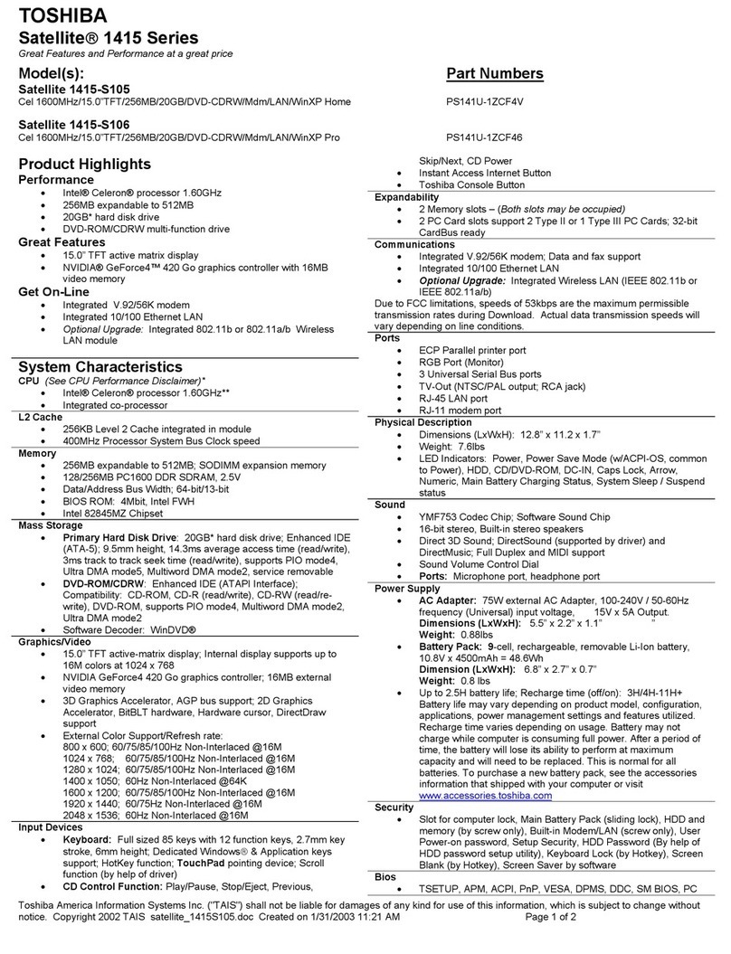 Toshiba 1415-S105 Specifications