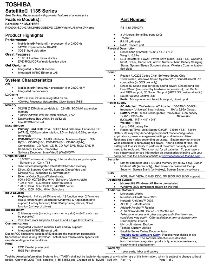 Toshiba 1135-S1552 Specifications