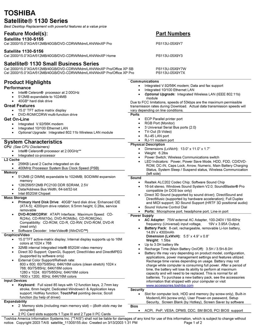 Toshiba 1130-S155 Specifications Toshiba 1130-S155 Specifications