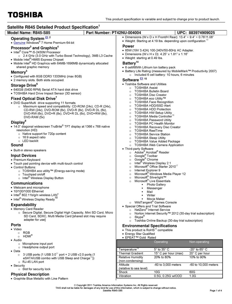 Toshiba R845-S85 Specifications