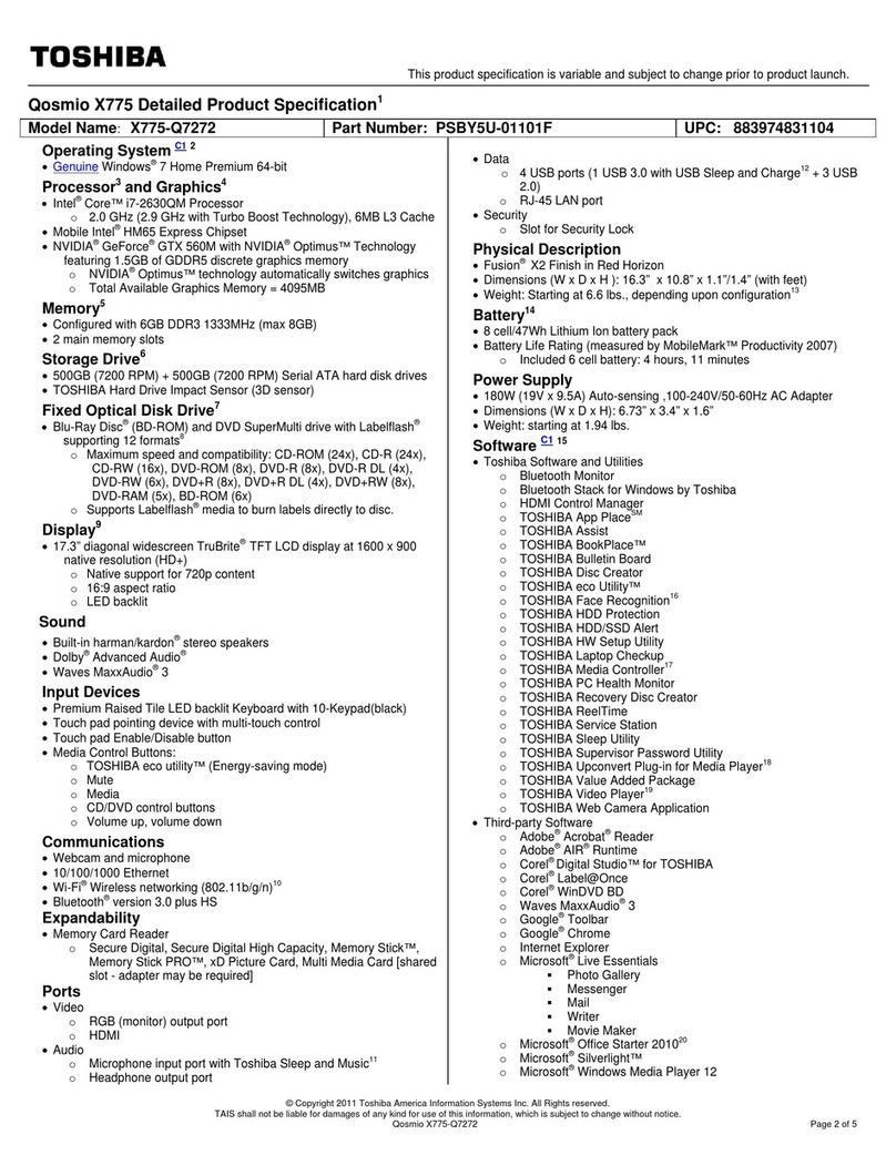 Toshiba X775-Q7272 Specifications