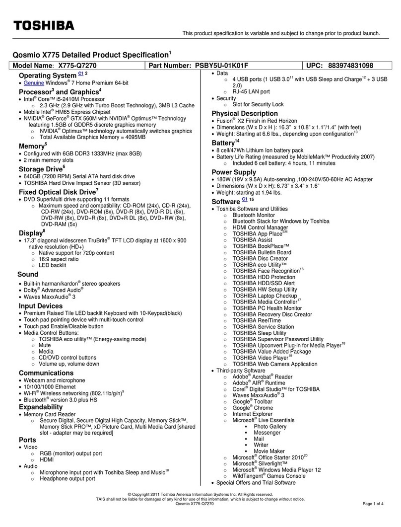 Toshiba X775-Q7270 Specifications
