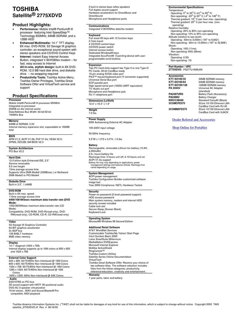 Toshiba Satellite 2775XDVD Product specifications
