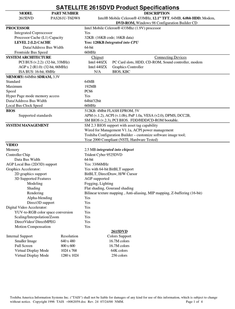 Toshiba Satellite 2615DVD Specifications