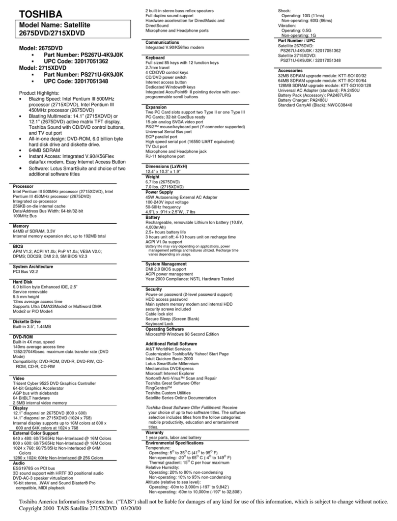 Toshiba Satellite 2715XDVD Specifications