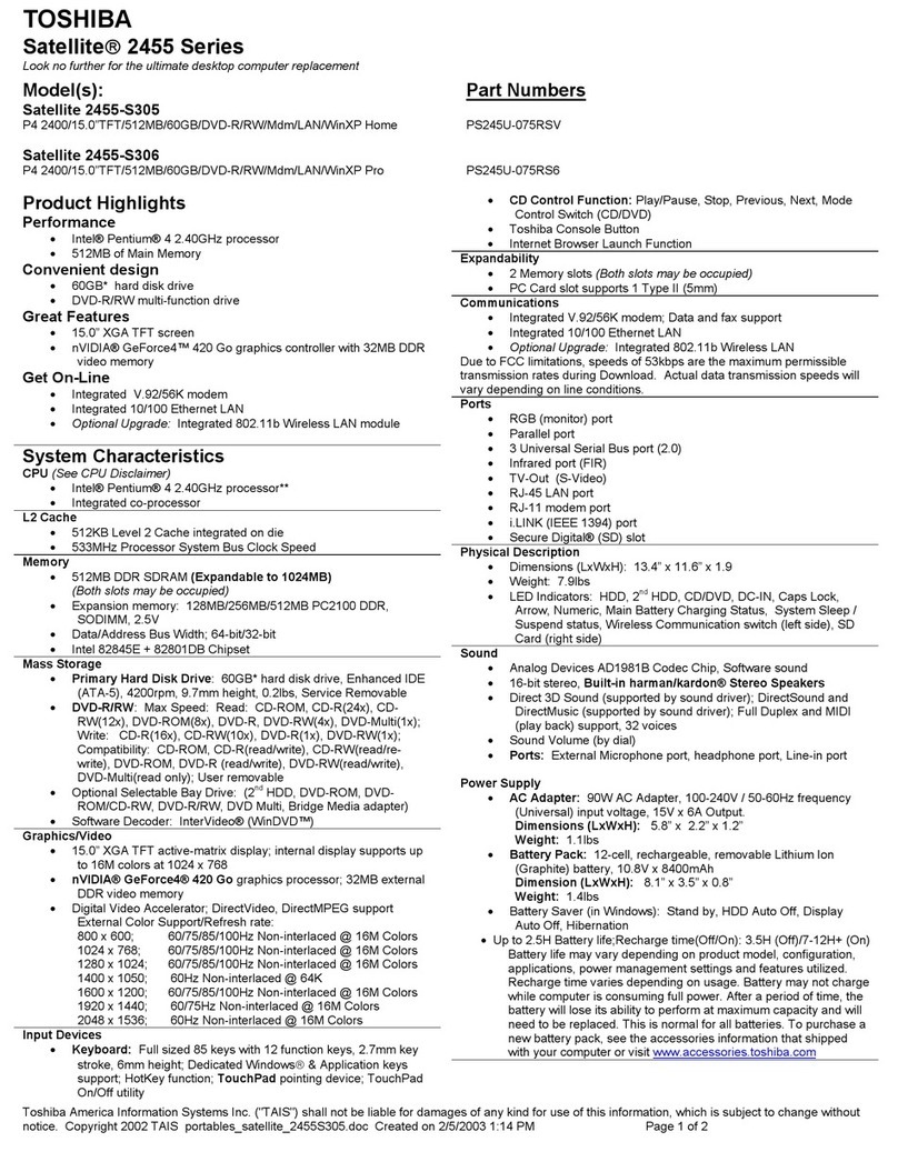 Toshiba 2455 S305 - Satellite - Pentium 4 2.4 GHz Specifications