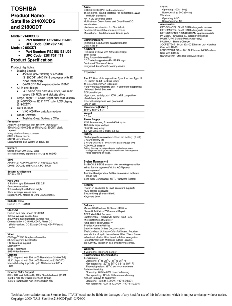 Toshiba Satellite 2180CDT Specifications