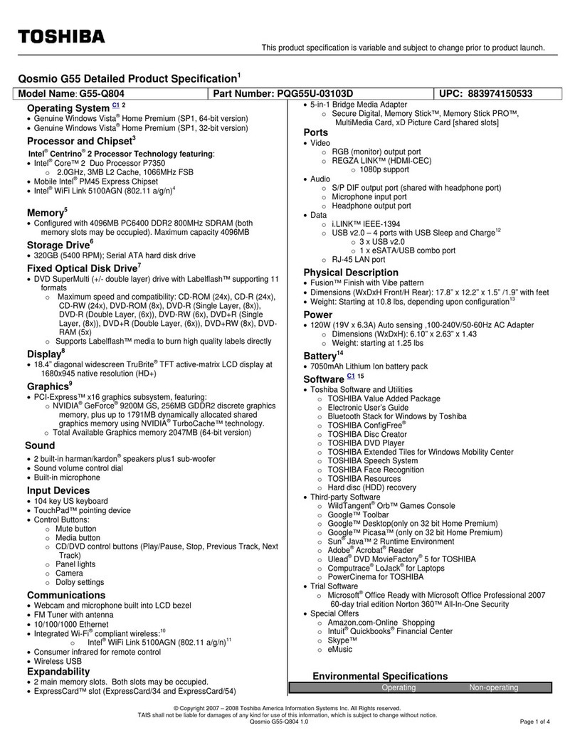 Toshiba G55-Q802 - Qosmio - Core 2 Duo GHz User manual