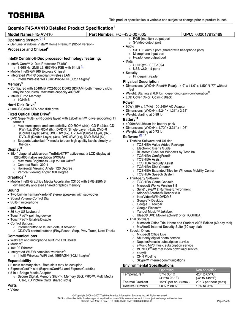 Toshiba F45-AV410 - Qosmio - Core 2 Duo 1.66 GHz Specifications