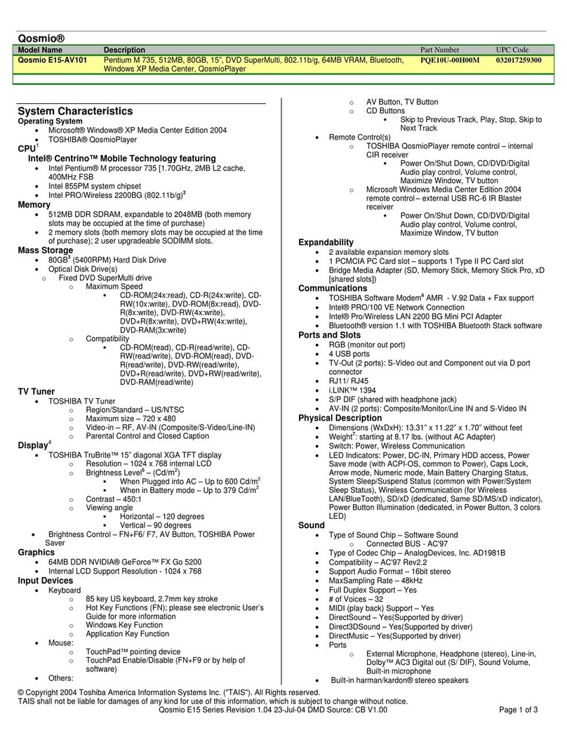 Toshiba Qosmio E15-AV101 User manual