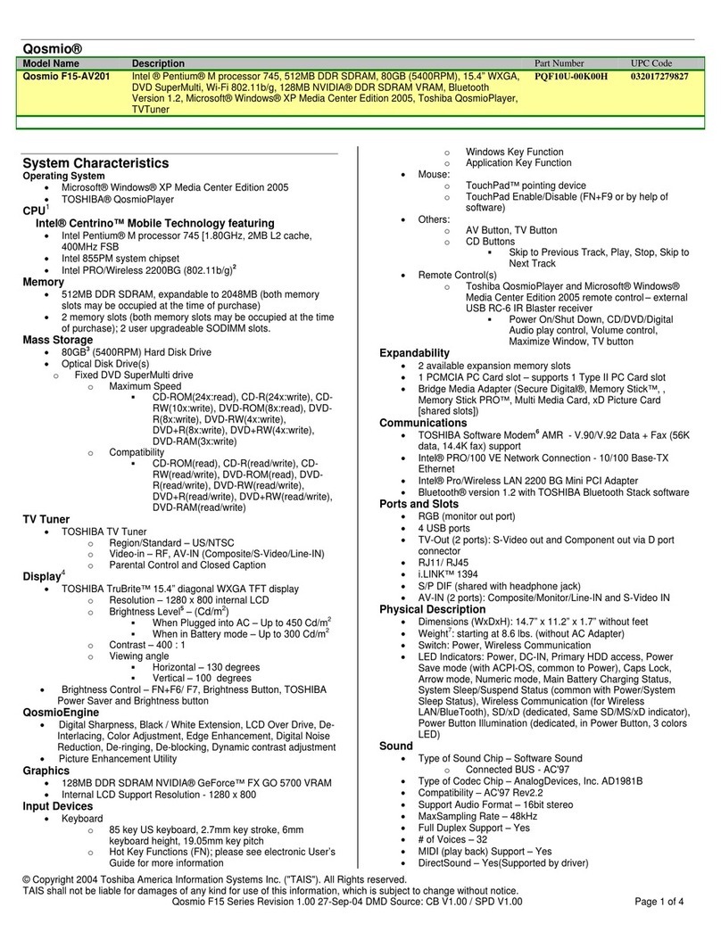 Toshiba F15-AV201 - Qosmio - Pentium M 1.8 GHz User manual